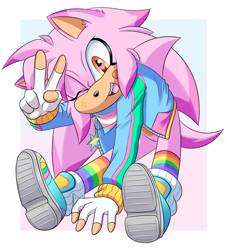 Size: 1524x1681 | Tagged: safe, artist:fire-for-battle, oc, hedgehog, 2024, bandaid, bandana, border, clothes, fingerless gloves, gloves, gradient background, jacket, looking at viewer, necklace, oc only, pink fur, pride, red eyes, shoes, smile, socks, solo, sticker, trans pride, transgender, v sign, wink