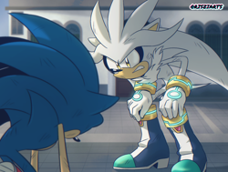 Size: 1454x1100 | Tagged: safe, artist:artsriszi, artist:risziarts, silver the hedgehog, sonic the hedgehog, sonic the hedgehog (2006), duo, hands on own legs, kneeling, scene interpretation, soleanna castle town, standing