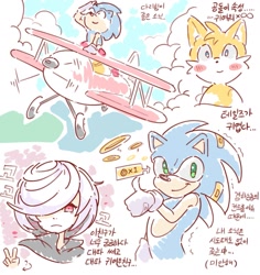 Size: 1357x1440 | Tagged: safe, artist:simsim jinwoo00, miles "tails" prower, sage, sonic the hedgehog, sonic frontiers, airplane, blush, gift art, korean text, ring, thumbs up, trio, v sign