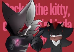 Size: 2048x1425 | Tagged: safe, artist:wannabe4myself, infinite the jackal, shadow the hedgehog, duo, english text, looking at them, red background, shadfinite, simple background