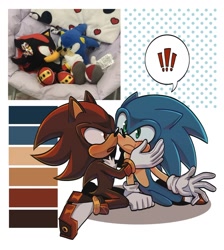 Size: 1324x1477 | Tagged: safe, artist:chechewi4ka, shadow the hedgehog, sonic the hedgehog, 2023, abstract background, blushing, cute, duo, exclamation mark, floppy ears, frown, gay, hands on another's face, kneeling, looking at each other, mouth open, redraw, reference inset, shadow x sonic, shipping