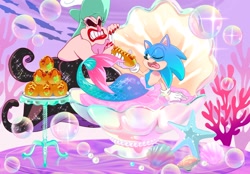 Size: 2048x1424 | Tagged: safe, artist:yaburekatapad, robotnik, sonic the hedgehog, adventures of sonic the hedgehog, bubble, chili dog, clam, duo, food, mermaid, starfish, tongue out, underwater