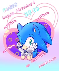 Size: 1640x1985 | Tagged: safe, artist:yaburekatapad, sonic the hedgehog, birthday, english text, hands on own face, happy birthday, heart, solo, wink