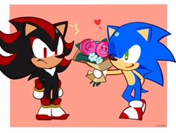 Size: 2048x1536 | Tagged: safe, artist:m3ri2310, shadow the hedgehog, sonic the hedgehog, bouquet, cookie run, duo, flower, frown, gay, heart, holding something, shadow x sonic, shipping, style emulation, wink