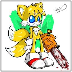 Size: 500x500 | Tagged: semi-grimdark, artist:power-stroker, miles "tails" prower, 2005, adorascary, blood, blood stain, border, chainsaw, cute, dripping blood, frown, holding something, implied murder, looking offscreen, signature, solo, standing, tailabetes