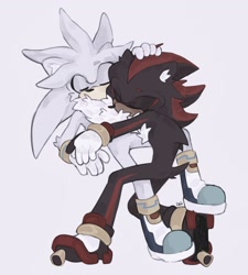 Size: 1845x2048 | Tagged: safe, artist:pawrtassium, shadow the hedgehog, silver the hedgehog, 2024, cute, eyes closed, gay, grey background, hand on another's head, leaning on them, shadow x silver, shadowbetes, shipping, silvabetes, simple background, solo