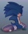 Size: 1441x1762 | Tagged: safe, artist:jazzmm15, sonic the hedgehog, 2024, blushing, clenched teeth, gradient background, kneeling, lidded eyes, looking at viewer, looking over shoulder, signature, solo, sweatdrop, treads