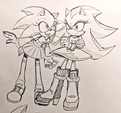 Size: 1024x954 | Tagged: safe, artist:vi7632, shadow the hedgehog, sonic the hedgehog, 2024, alternate outfit, arms folded, dress, duo, frown, gender swap, lesbian, line art, looking at them, monochrome, pencilwork, r63 shipping, shadow x sonic, shipping, smile, traditional media