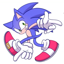 Size: 1510x1510 | Tagged: safe, artist:modistcollector, sonic the hedgehog, sonic adventure, 2024, adventure pose, looking at viewer, pointing, posing, redraw, simple background, smile, solo, white background