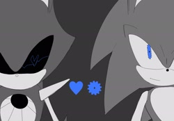 Size: 2048x1423 | Tagged: safe, artist:hi_sui01, metal sonic, sonic the hedgehog, alternate eye color, black sclera, blue eyes, cogwheel, duo, flat colors, gay, grey background, greyscale, heart, heart eyes, looking ahead, metonic, monochrome, robot, shipping, simple background, smile, spot color, two sides