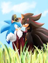 Size: 768x1024 | Tagged: safe, artist:ayol_7, shadow the hedgehog, sonic the hedgehog, alternate outfit, clouds, daytime, duo, gay, grass, korean clothes, outdoors, shadow x sonic, shipping