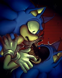 Size: 1200x1500 | Tagged: safe, artist:xx-sketchy-xx, sonic the hedgehog, oc, oc:sonic.exe, 2024, black sclera, bleeding, bleeding from eyes, blood, duo, looking at each other, mouth open, outline, self paradox, sharp teeth, smile