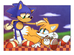 Size: 2749x2072 | Tagged: safe, artist:professorhare, miles "tails" prower, sonic the hedgehog, green hill zone, 2020, abstract background, clouds, comforting, crying, cute, daytime, duo, grass, head pat, looking at each other, mouth open, outdoors, outline, sad, semi-transparent background, sitting, smile, sonabetes, standing, tailabetes, tears, tears of sadness