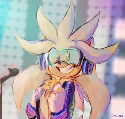 Size: 2048x1952 | Tagged: safe, artist:ken-yamh, silver the hedgehog, 2024, abstract background, alternate outfit, microphone, rockstar outfit, signature, smile, solo, standing