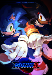 Size: 1429x2048 | Tagged: safe, artist:valenrepetto, shadow the hedgehog, sonic the hedgehog, sonic the hedgehog 3 (film), 2024, black background, duo, english text, frown, logo, looking at viewer, movie poster, pointing, poster, signature, simple background, smile, standing