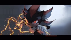 Size: 2048x1152 | Tagged: safe, artist:redcappercraness, shadow the hedgehog, sonic the hedgehog 3 (film), 2024, border, electricity, glowing eyes, gradient background, looking at viewer, punching, redraw, signature, solo, standing