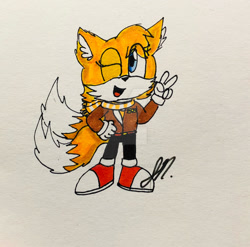 Size: 1280x1264 | Tagged: safe, artist:missluckychan22, miles "tails" prower, 2022, alternate outfit, aviator jacket, clothes, cute, deviantart watermark, eye clipping through hair, gender swap, hand on hip, looking offscreen, looking over shoulder, obtrusive watermark, pants, scarf, signature, smile, solo, standing, tailabetes, traditional media, v sign, watermark, wink