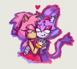 Size: 1160x1045 | Tagged: safe, artist:wikihowhowtoexist, amy rose, blaze the cat, 2024, amy x blaze, amybetes, blazebetes, cute, ear fluff, eyes closed, fangs, grey background, hand on another's hip, heart, holding each other, holding hands, kiss on cheek, lesbian, outline, shipping, simple background, smile, standing