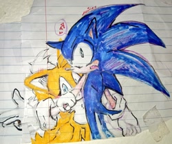 Size: 1024x862 | Tagged: safe, artist:sa2battle, miles "tails" prower, sonic the hedgehog, fox, hedgehog, 2024, duo, gay, hiding, holding another's arm, holding them, looking at viewer, looking offscreen, mouth open, protecting, shipping, signature, sonic x tails, standing, traditional media