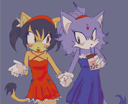 Size: 1001x816 | Tagged: safe, artist:sonicpilled, blaze the cat, honey the cat, cat, alternate outfit, blushing, dress, drink, drinking, duo, holding hands, holding something, honaze, lesbian, shipping, simple background, smile