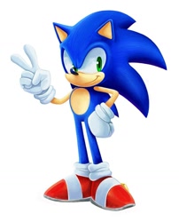 Size: 1231x1520 | Tagged: safe, artist:lightningstar1389, sonic the hedgehog, hedgehog, hand on hip, looking offscreen, simple background, smile, solo, standing, v sign, white background