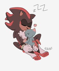 Size: 1066x1280 | Tagged: safe, artist:flucoze, shadow the hedgehog, chao, chaobetes, cuddling, cute, dawww, duo, eyes closed, grey background, neutral chao, shadowbetes, signature, simple background, sitting, sleeping, snuggling, zzz