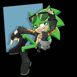 Size: 1000x1000 | Tagged: artist needed, safe, scourge the hedgehog, hedgehog, blue eyes, boots, fingerless gloves, glasses, glasses on head, gloves, green fur, jacket, male, scars, sharp teeth, solo, sunglasses, watermark