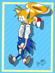 Size: 1875x2500 | Tagged: safe, artist:star-shiner, miles "tails" prower, sonic the hedgehog, fox, hedgehog, blue eyes, blue fur, carrying them, flying, gloves, green eyes, male, orange fur, shoes, socks