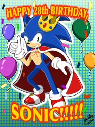 Size: 1280x1707 | Tagged: safe, artist:star-shiner, sonic the hedgehog, hedgehog, balloon, birthday, crown, english text, male, solo