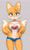 Size: 1280x2146 | Tagged: suggestive, artist:tharrorart, miles "tails" prower, 2024, aged up, blushing, breasts, cleavage, crop top, deviantart watermark, gender swap, gloves off, grey background, hands on hips, lidded eyes, obtrusive watermark, older, short shorts, shorts, simple background, smile, solo, standing, watermark