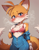 Size: 896x1152 | Tagged: suggestive, ai art, artist:dreamup.ai, miles "tails" prower, alternate outfit, beige background, blushing, bra, cameltoe, cleavage, clothes, gender swap, lidded eyes, looking at viewer, overalls, prompter:furry-canvas, simple background, small breasts, solo, standing, sweatdrop, tears, zip