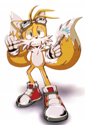 Size: 2048x3018 | Tagged: safe, artist:dinohorse, miles "tails" prower, clenched fist, clenched teeth, nervous, pointing, simple background, solo, sonic riders, standing, sweatdrop, white background