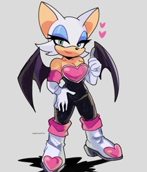 Size: 898x1053 | Tagged: safe, artist:cherryartts, rouge the bat, 2024, cleavage, grey background, hand on hip, heart, lidded eyes, looking at viewer, pointing, shadow (lighting), simple background, smile, solo, standing