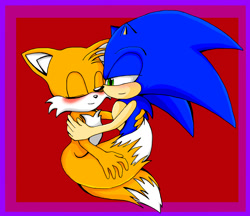 Size: 1641x1421 | Tagged: safe, artist:warui-hebi, miles "tails" prower, sonic the hedgehog, 2009, blushing, border, cute, duo, eyes closed, gay, gloves, holding each other, lidded eyes, looking at them, red background, shipping, simple background, smile, sonic x tails