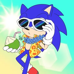 Size: 400x400 | Tagged: safe, artist:aogane_enagoa, sonic the hedgehog, 2024, coconut, food, hawaiian shirt, holding something, lens flare, solo, sunglasses