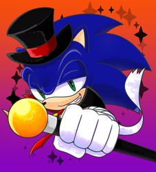 Size: 1668x1833 | Tagged: safe, artist:aogane_enagoa, sonic the hedgehog, 2021, cane, gradient background, halloween, halloween outfit, hat, solo