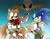 Size: 2048x1592 | Tagged: safe, artist:fartist2020, miles "tails" prower, nicole the handheld, robotnik, sally acorn, snively robotnik, sonic the hedgehog, cross popping vein, gradient background, grin, group, hand on hip, holding something, looking at each other, looking at viewer, mouth open, open smile, riding on shoulders, smile, smiling at each other, smiling at viewer