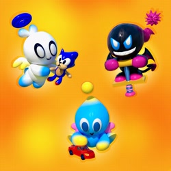 Size: 2048x2048 | Tagged: safe, artist:squidlydoodles, sonic the hedgehog, chao, 3d, blender (medium), character doll, dark chao, hero chao, neutral chao, pogo stick, toy, toy car, trio