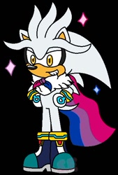 Size: 388x573 | Tagged: safe, artist:speedingfox, silver the hedgehog, 2024, bisexual, bisexual pride, bisexual visibility day, black background, cape, flat colors, hands on hips, looking offscreen, ms paint, simple background, smile, solo, sparkles