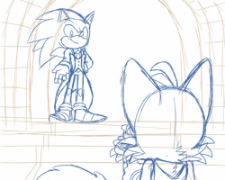 Size: 1024x820 | Tagged: safe, artist:starampharos, miles "tails" prower, sonic the hedgehog, 2016, alternate outfit, duo, flower bouquet, gay, holding something, line art, looking at each other, shipping, sketch, smile, sonic x tails, stairs, standing, wedding, wedding suit