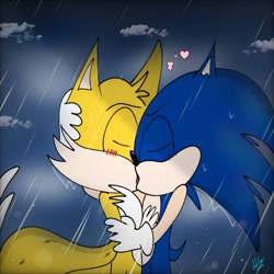 Size: 1000x1000 | Tagged: safe, artist:galaxyworld77, miles "tails" prower, sonic the hedgehog, 2024, abstract background, blushing, clouds, duo, eyes closed, french kiss, gay, heart, holding each other, kiss, outdoors, rain, shipping, signature, sonic x tails, wet