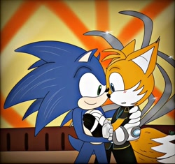 Size: 720x677 | Tagged: safe, artist:galaxyworld77, miles "tails" prower, nine, sonic the hedgehog, sonic prime, 2023, abstract background, duo, flat colors, gay, holding each other, indoors, looking at each other, mouth open, nine x sonic, shipping, smile, sonic x tails, standing