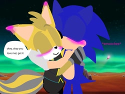 Size: 1024x768 | Tagged: safe, artist:sonineforlife, miles "tails" prower, nine, sonic the hedgehog, 2023, blushing, blushing ears, cute, dialogue, duo, english text, gay, holding each other, hugging, kiss on cheek, nine x sonic, nineabetes, screenshot background, sfx, shipping, smile, smooch, sonabetes, sonic x tails, speech bubble, standing, tailabetes