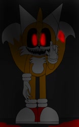 Size: 800x1280 | Tagged: semi-grimdark, artist:dronecupheadboom7451, tails doll, 2024, black sclera, claws, creepy, flat colors, glowing, glowing eyes, grey background, looking at viewer, sharp teeth, simple background, smile, solo, standing