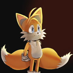 Size: 2048x2048 | Tagged: safe, artist:kaylagreen00, miles "tails" prower, 2024, blushing, gradient background, hands behind back, looking offscreen, smile, solo, standing