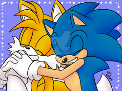 Size: 1280x964 | Tagged: safe, artist:guchi-22, miles "tails" prower, sonic the hedgehog, 2024, abstract background, clenched teeth, cute, deviantart watermark, duo, eyes closed, holding hands, obtrusive watermark, signature, smile, star (symbol), watermark