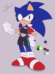 Size: 2236x3020 | Tagged: safe, artist:smugperson, sonic the hedgehog, 2024, alternate outfit, character name, clenched fists, clothes, crop top, flat colors, gender swap, grey background, hand on hip, jacket, looking at viewer, shorts, signature, simple background, smile, solo, standing