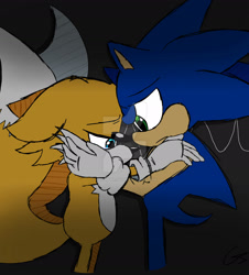 Size: 1280x1417 | Tagged: dead source, safe, artist:gayspudling, miles "tails" prower, sonic the hedgehog, 2024, comforting, crying, dark, deviantart watermark, duo, flat colors, floppy ears, frown, gay, grey background, holding something, lidded eyes, looking at them, looking down, obtrusive watermark, shipping, signature, simple background, sonic x tails, standing, tears, vitals, watermark