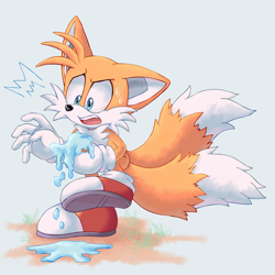 Size: 1500x1500 | Tagged: safe, artist:montyth, miles "tails" prower, 2024, food, ice cream, looking at something, melting, mouth open, solo, standing on one leg, surprised, sweatdrop