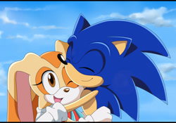 Size: 2300x1613 | Tagged: safe, artist:montyth, cream the rabbit, sonic the hedgehog, 2023, abstract background, clouds, cute, daytime, duo, hugging, looking at them, one eye closed, outdoors, platonic, smile, sonic x style, standing